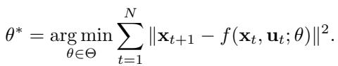 Equation for finding optimal parameters theta by minimizing state prediction error.
