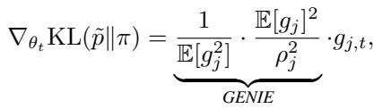 Equation relating the gradient of KL divergence to the GENIE preconditioning term.