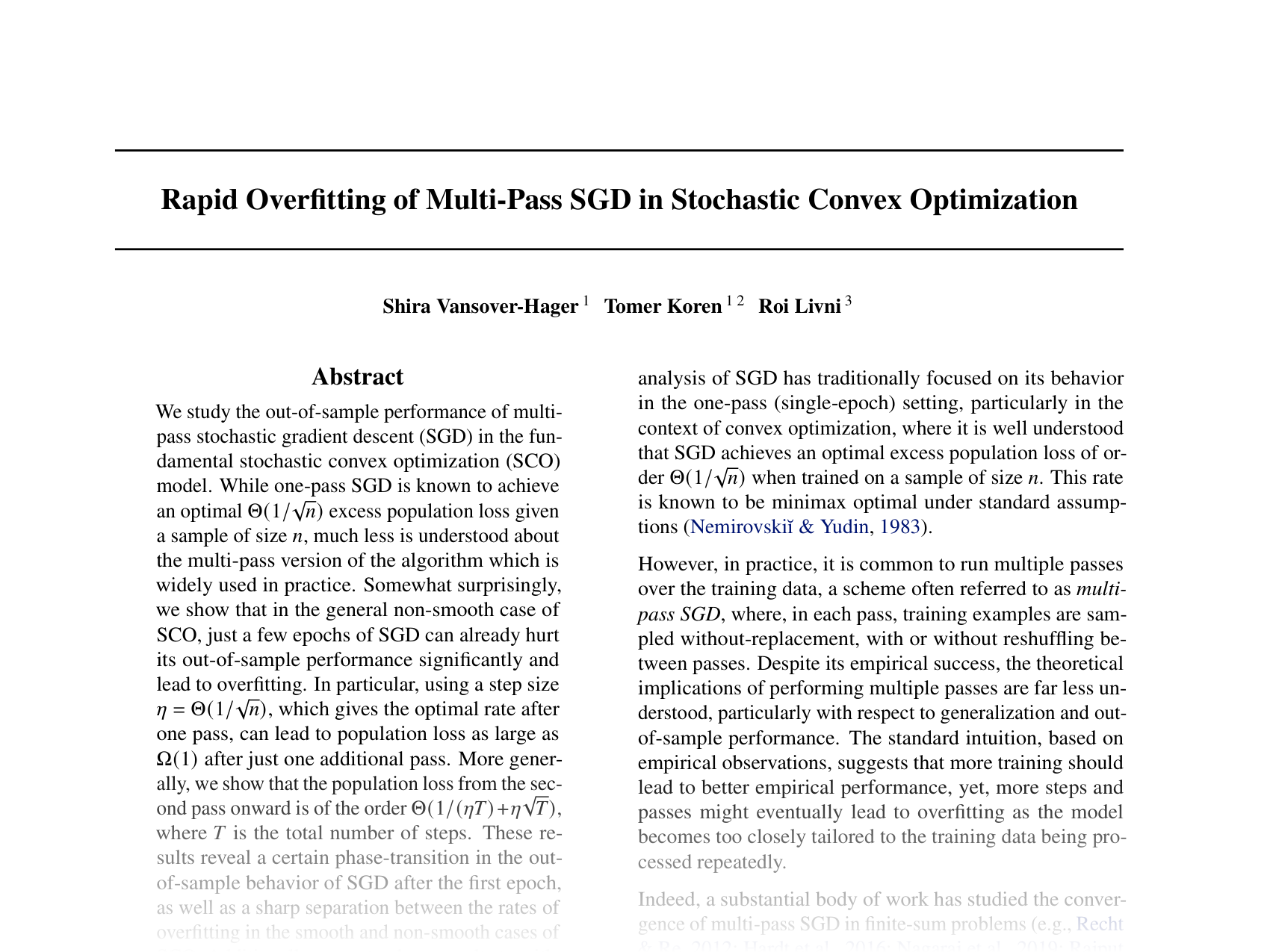 [Rapid Overfitting of Multi-Pass SGD in Stochastic Convex Optimization 🔗](https://openreview.net/pdf?id=Qq5h78Eshy)