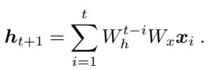 The unrolled equation showing the hidden state as a summation of weighted inputs over time.