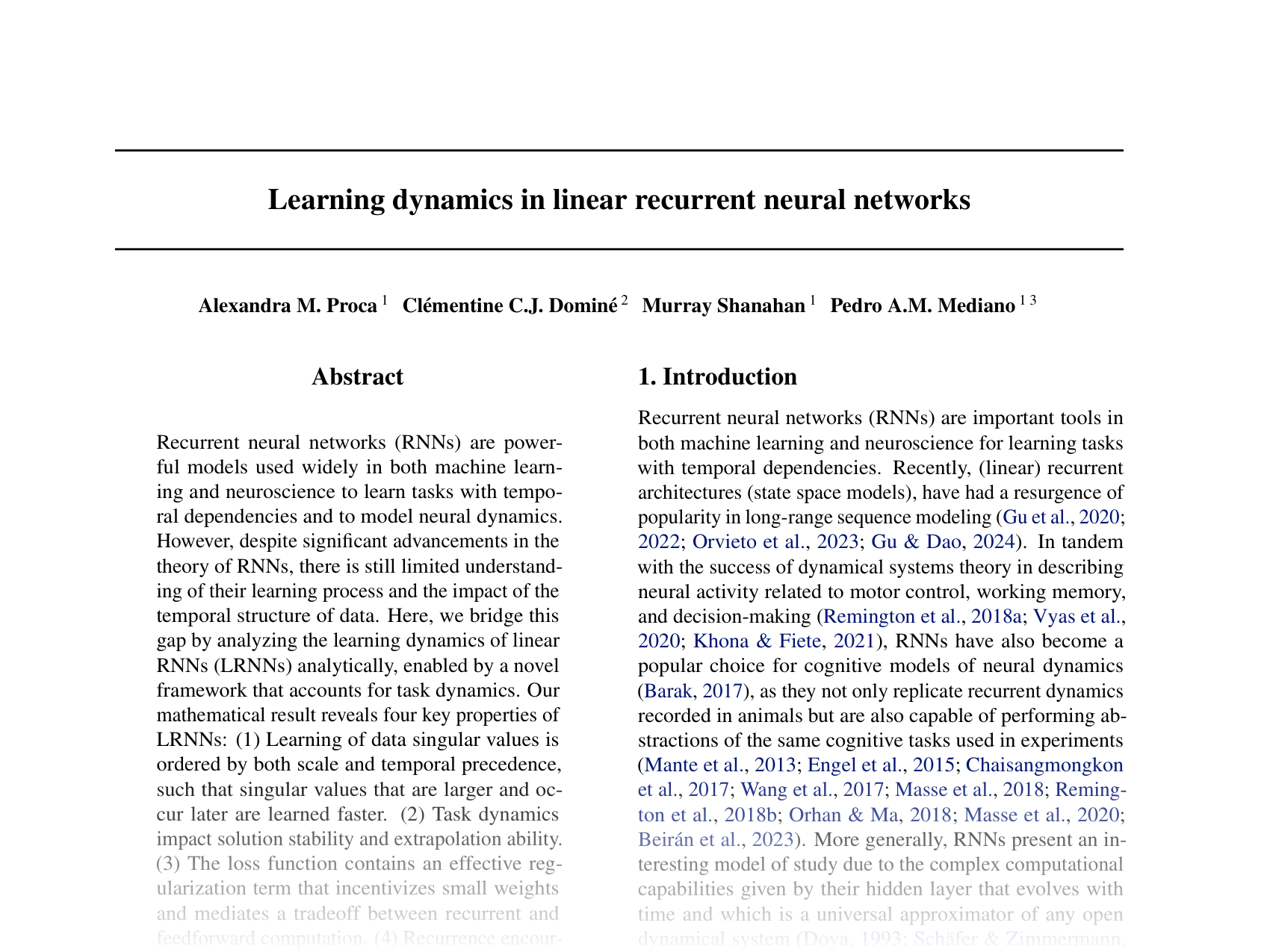 [Learning dynamics in linear recurrent neural networks 🔗](https://openreview.net/pdf?id=KGOcrIWYnx)
