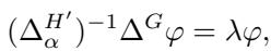 Generalized eigenvalue equation involving the inverse of the signed Laplacian of H prime.