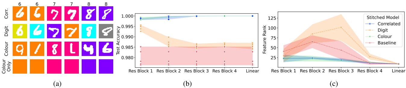 Test accuracy and rank analysis for various stitching combinations.