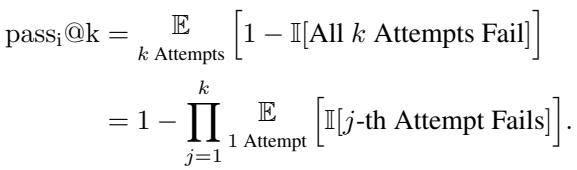 Equation showing pass@k as 1 minus the probability of all attempts failing.