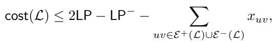 Inequality showing the cost of L is less than or equal to 2LP minus LP-minus minus the sum of x_uv for unsatisfied edges.