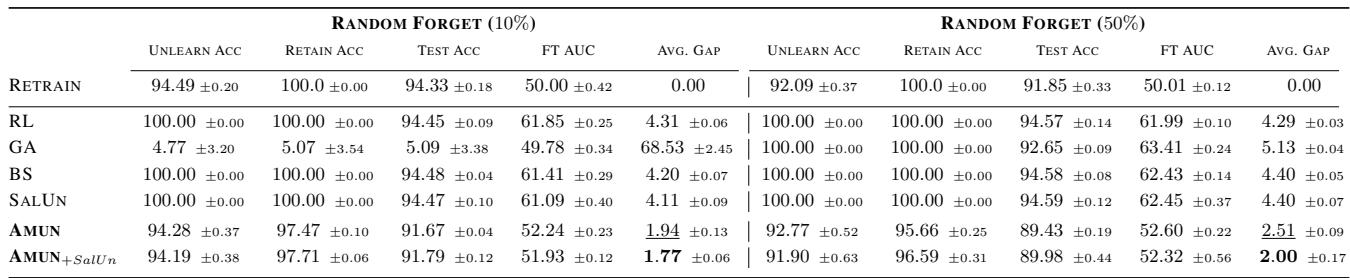 Table 1: Comparison of unlearning methods with access to the Retain Set. AMUN (bottom rows) achieves the lowest “Average Gap” compared to the Retrained benchmark.