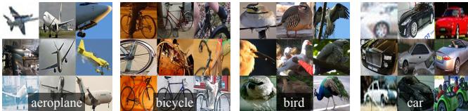 Examples of warped region proposals from VOC 2007: aeroplanes, bicycles, birds, and cars, distorted to fit square CNN inputs.