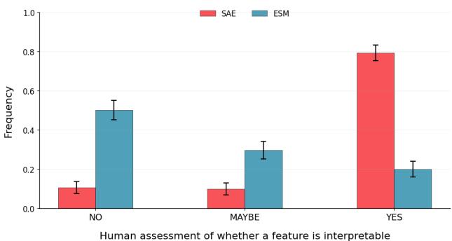 Bar chart comparing human interpretability ratings of SAE latents versus ESM latents. SAE latents are rated “Yes” for interpretability significantly more often.
