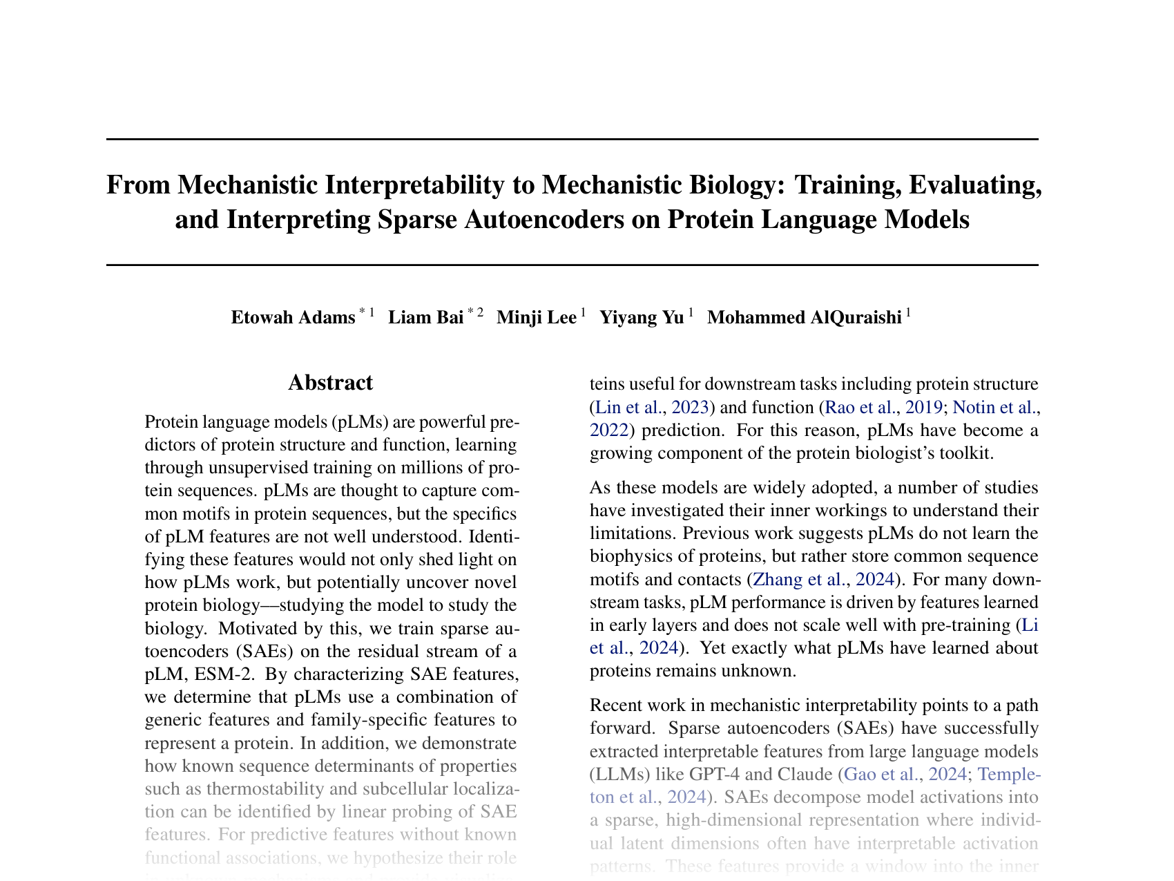 [From Mechanistic Interpretability to Mechanistic Biology: Training, Evaluating, and Interpreting Sparse Autoencoders on Protein Language Models 🔗](https://openreview.net/pdf?id=zdOGBRQEbz)