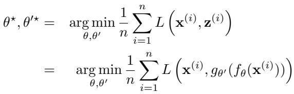 The objective function for a basic autoencoder, which aims to minimize the reconstruction loss \\(L\\) between the original input \\(x\\) and the reconstructed output \\(z\\).