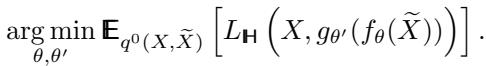 The objective function for the denoising autoencoder. It minimizes the expected loss between the clean input \\(X\\) and the reconstruction, given the corrupted input \\(\\tilde{X}\\).