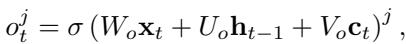 Equation for the output gate (o) in an LSTM.
