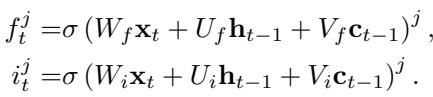 Equations for the forget gate (f) and input gate (i) in an LSTM.
