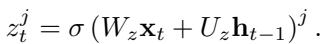 Equation for the update gate (z) in a GRU.