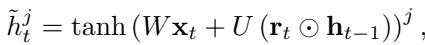 Equation for the candidate activation (h-tilde) in a GRU.
