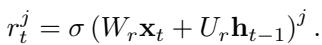 Equation for the reset gate (r) in a GRU.