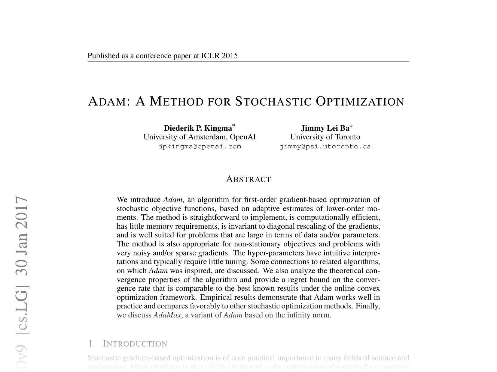 [Adam: A Method for Stochastic Optimization 🔗](https://arxiv.org/abs/1412.6980)