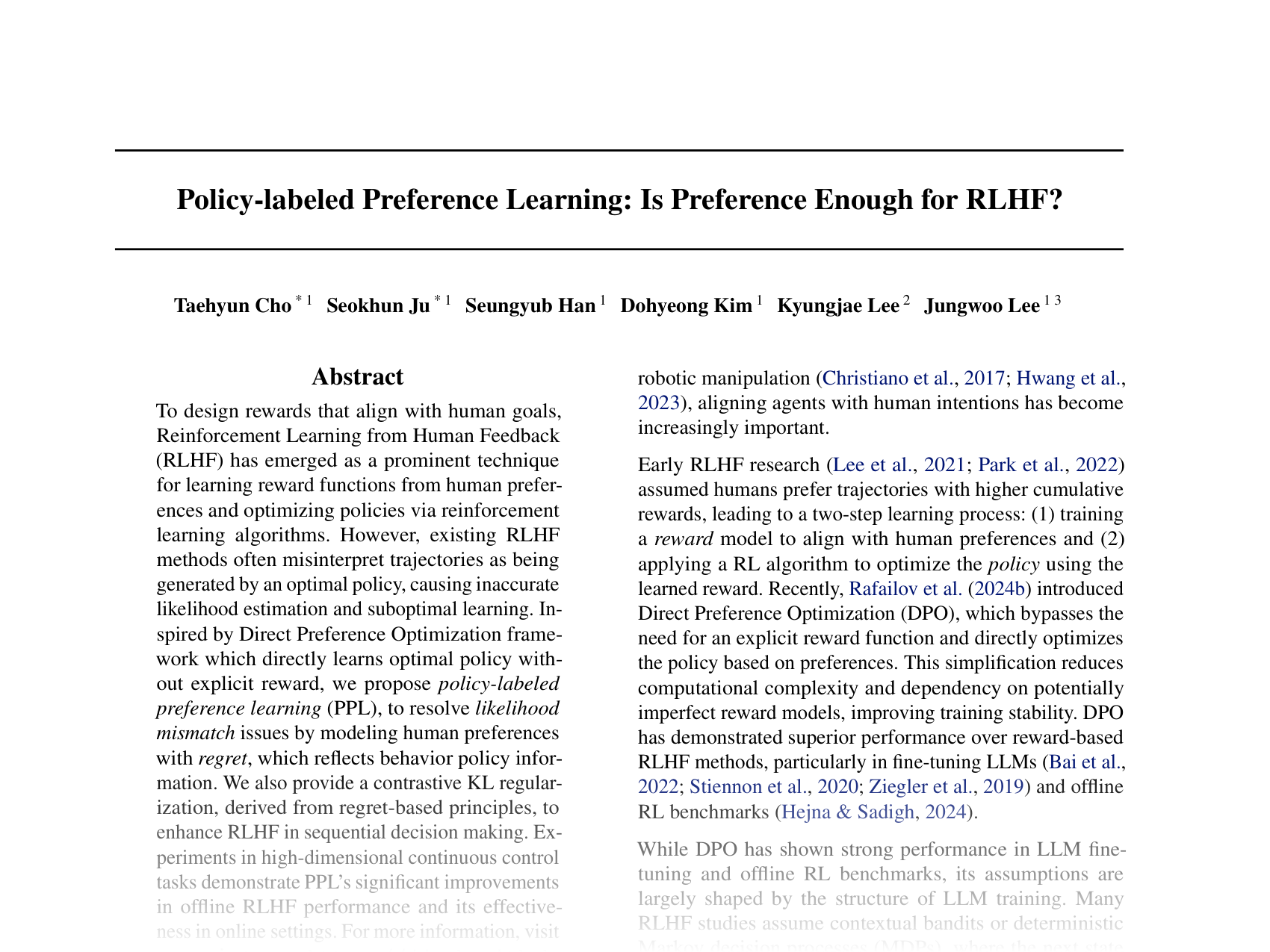 [Policy-labeled Preference Learning: Is Preference Enough for RLHF? 🔗](https://openreview.net/pdf?id=qLfo1sef50)