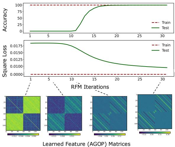 Figure 1. Recursive Feature Machines grok the modular arithmetic task. The top graph shows accuracy staying flat then spiking. The bottom graph shows loss decreasing.