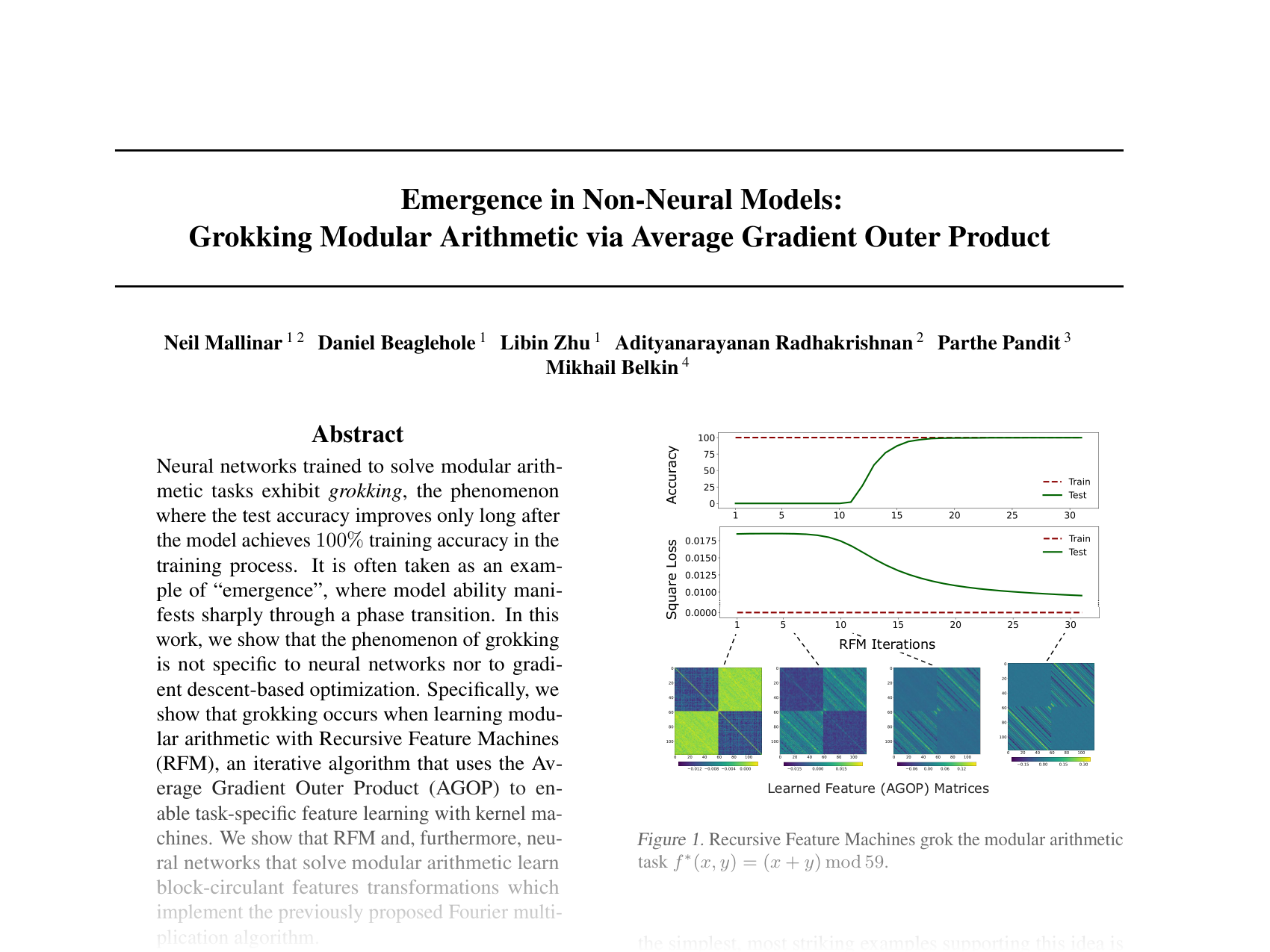 [Emergence in Non-Neural Models: Grokking Modular Arithmetic via Average Gradient Outer Product 🔗](https://openreview.net/pdf?id=36hVB7DEB0)