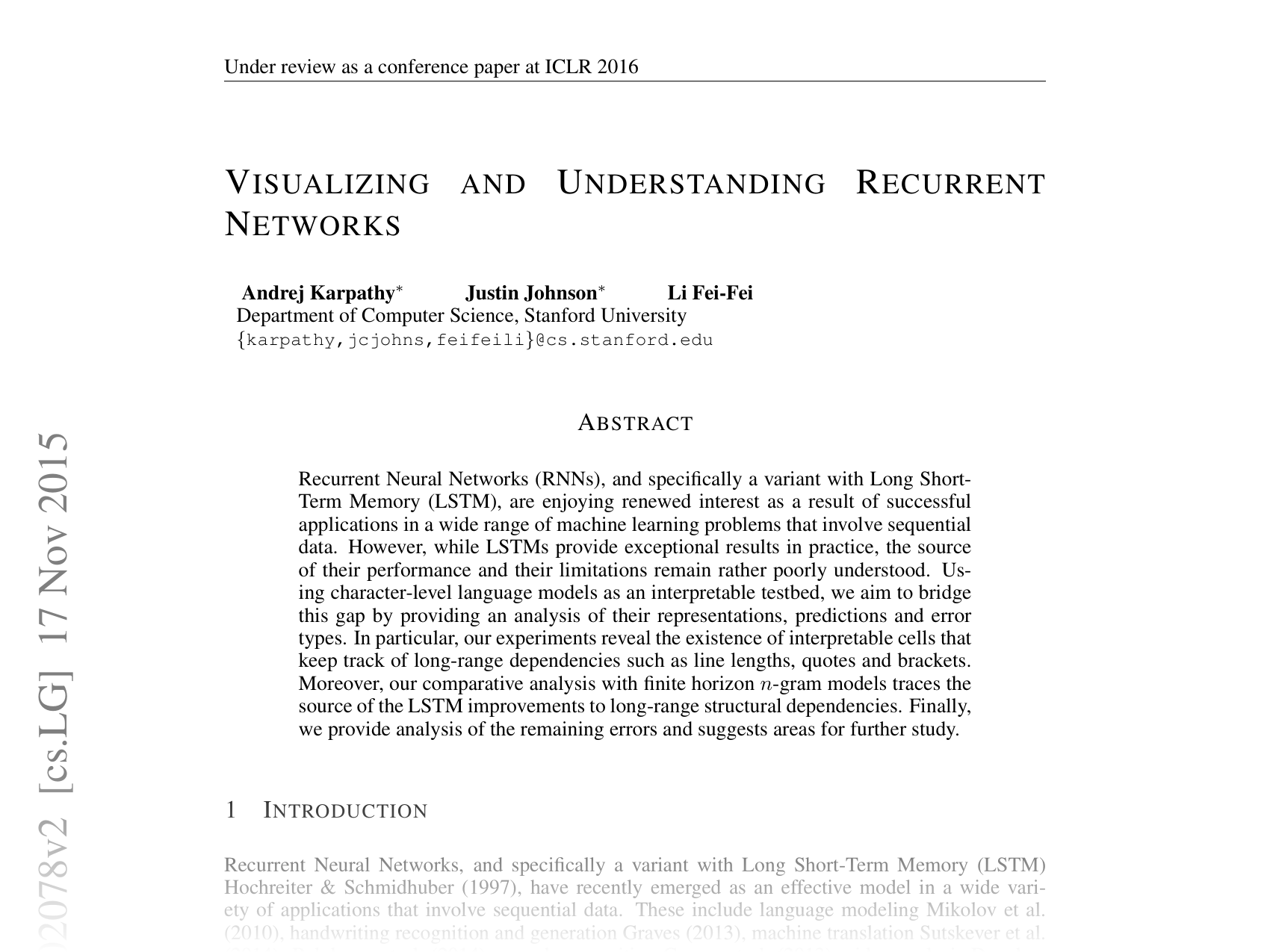 [Visualizing and Understanding Recurrent Networks 🔗](https://arxiv.org/abs/1506.02078)