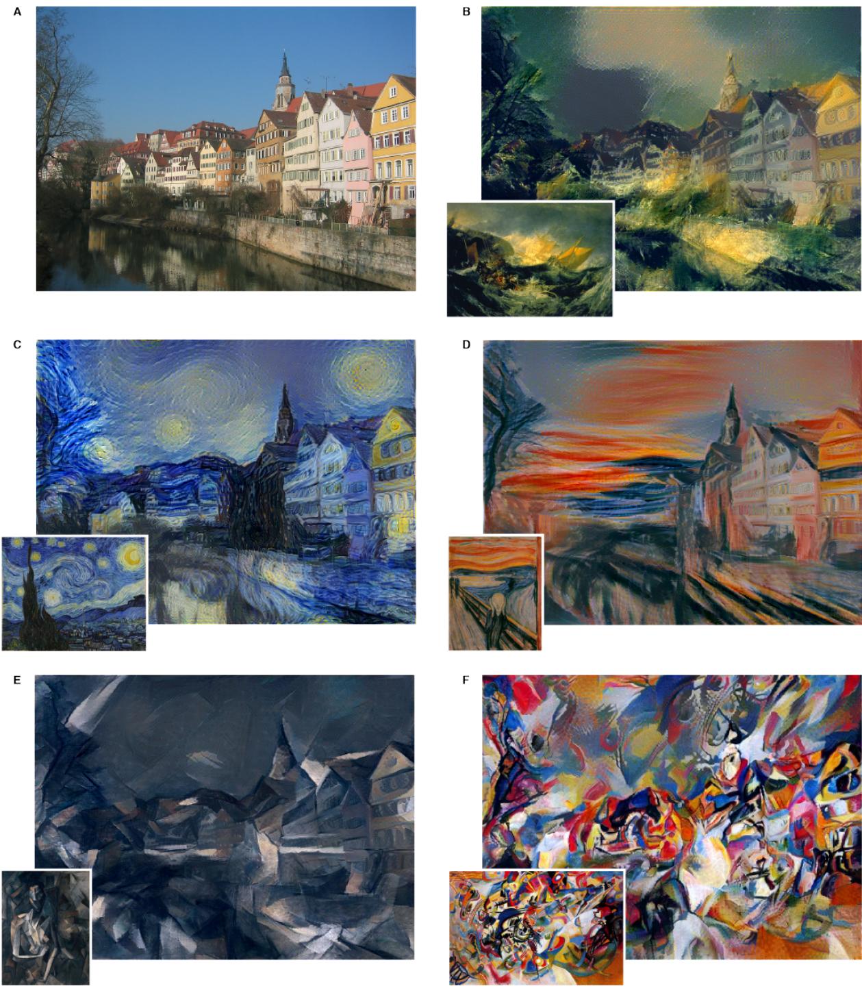Photograph of Tübingen rendered in the styles of various paintings.