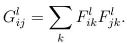 The formula for the Gram matrix, capturing style by computing correlations between all feature maps in a layer.