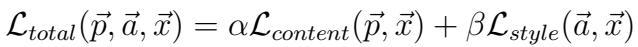 The total loss function combines content and style losses, weighted by alpha and beta.