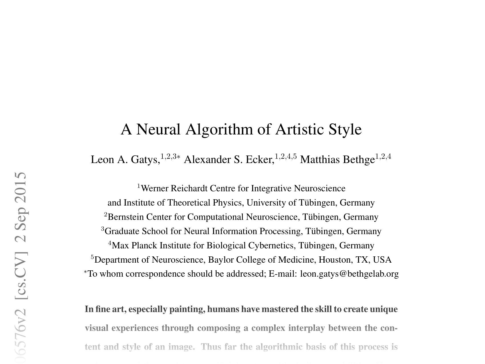 [A Neural Algorithm of Artistic Style 🔗](https://arxiv.org/abs/1508.06576)
