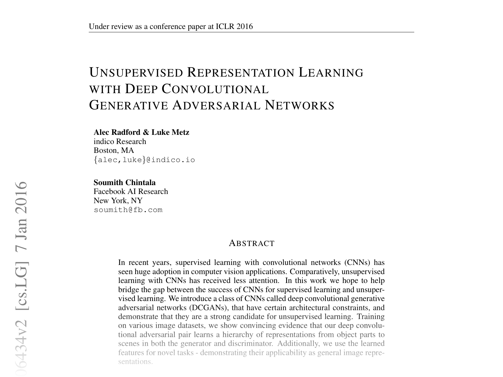 [UNSUPERVISED REPRESENTATION LEARNING WITH DEEP CONVOLUTIONAL GENERATIVE ADVERSARIAL NETWORKS 🔗](https://arxiv.org/abs/1511.06434)