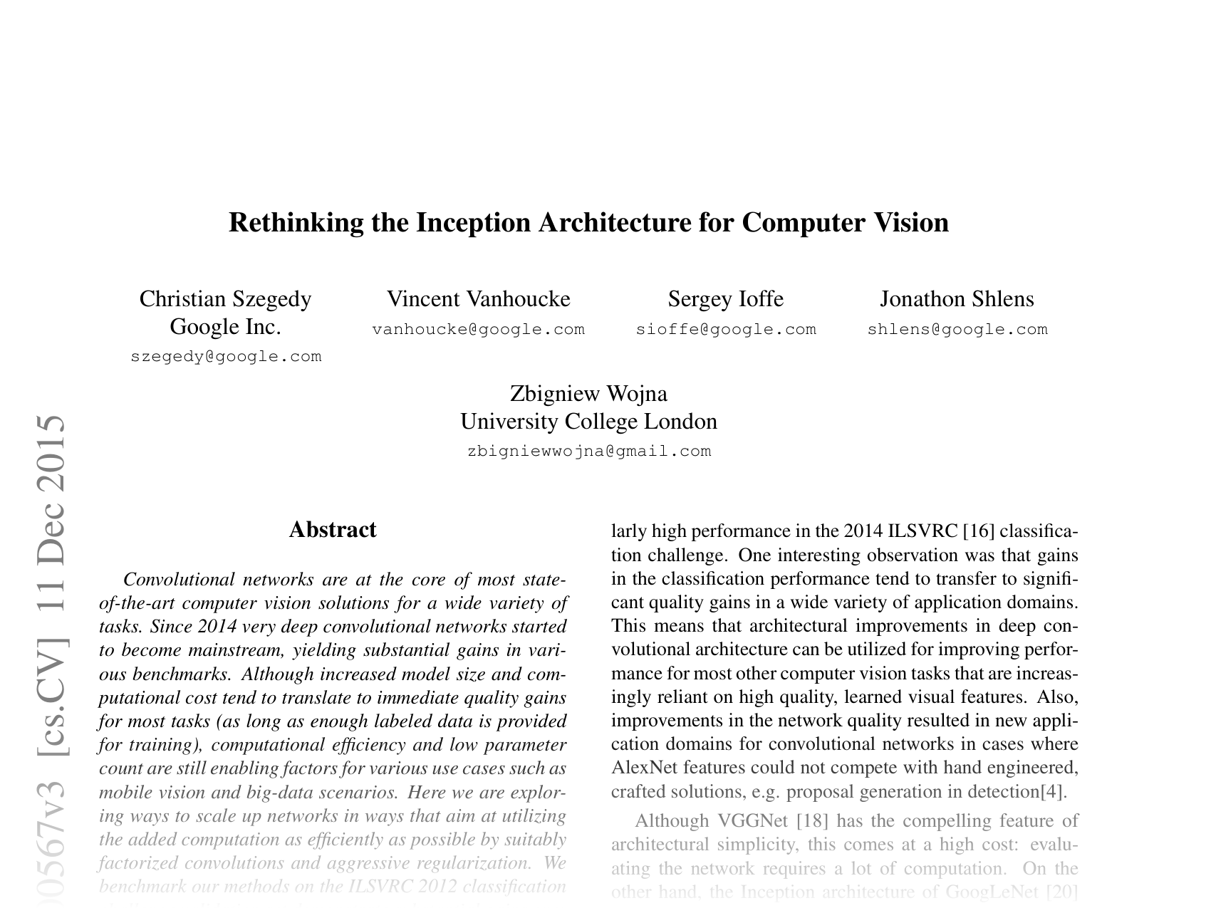 [Rethinking the Inception Architecture for Computer Vision 🔗](https://arxiv.org/abs/1512.00567)