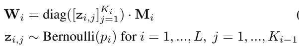 The variational distribution for the weights, where M is a deterministic matrix and z is a vector of Bernoulli random variables.