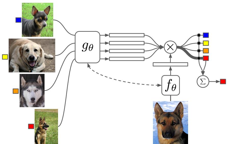 匹配网络的整体架构。它通过编码器 g 处理支持集图像，通过编码器 f 处理测试图像，然后进行比较以生成最终输出。