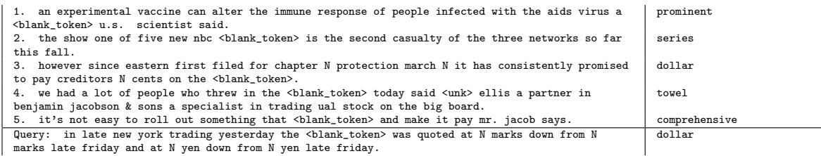表 4: 5‑way, 1‑shot 句子补全任务示例。模型必须根据支持集提供的上下文确定“dollar”是查询句子的正确词。