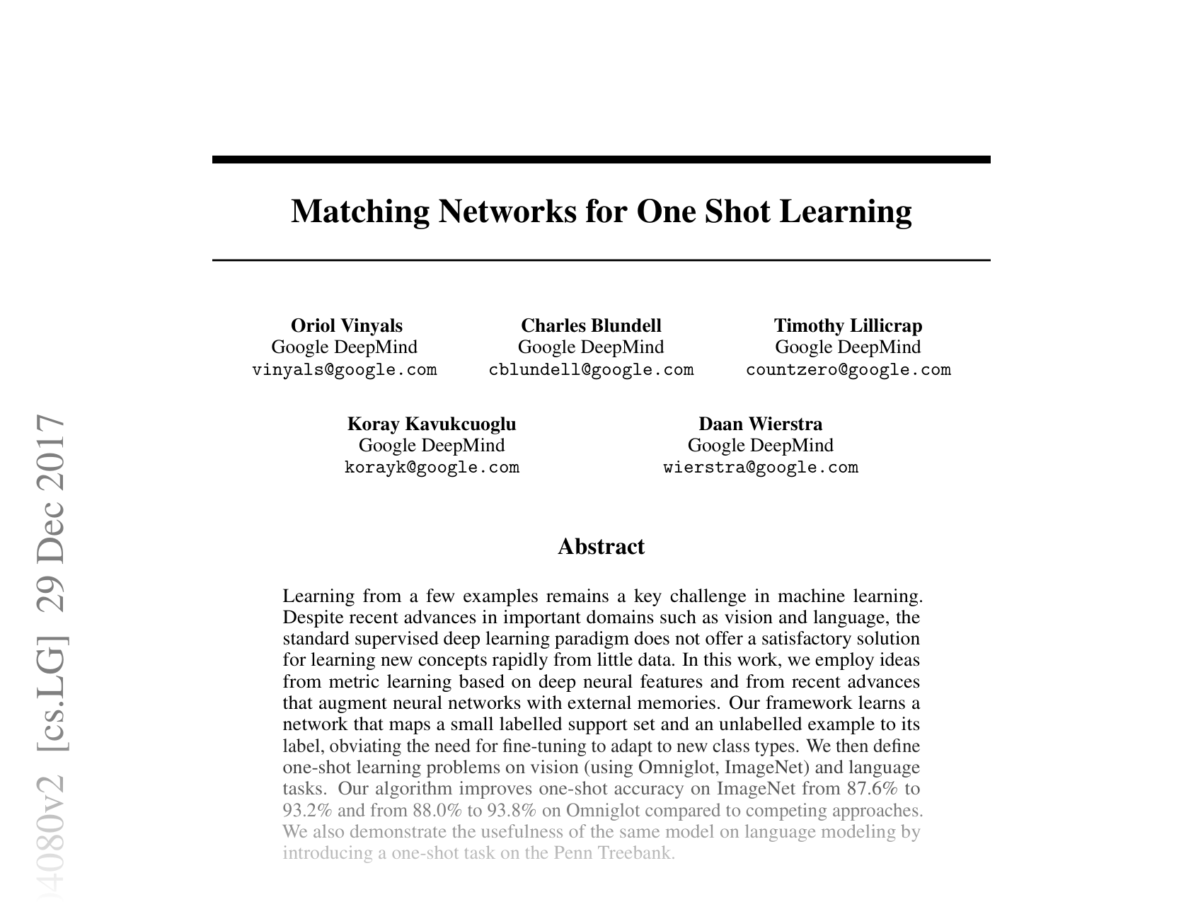 [Matching Networks for One Shot Learning 🔗](https://arxiv.org/abs/1606.04080)