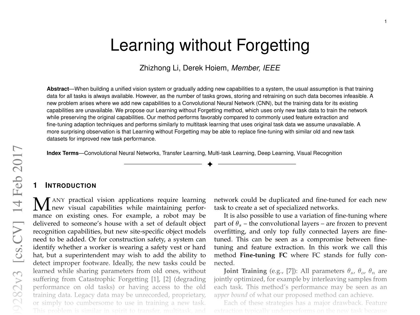 [Learning without Forgetting 🔗](https://arxiv.org/abs/1606.09282)