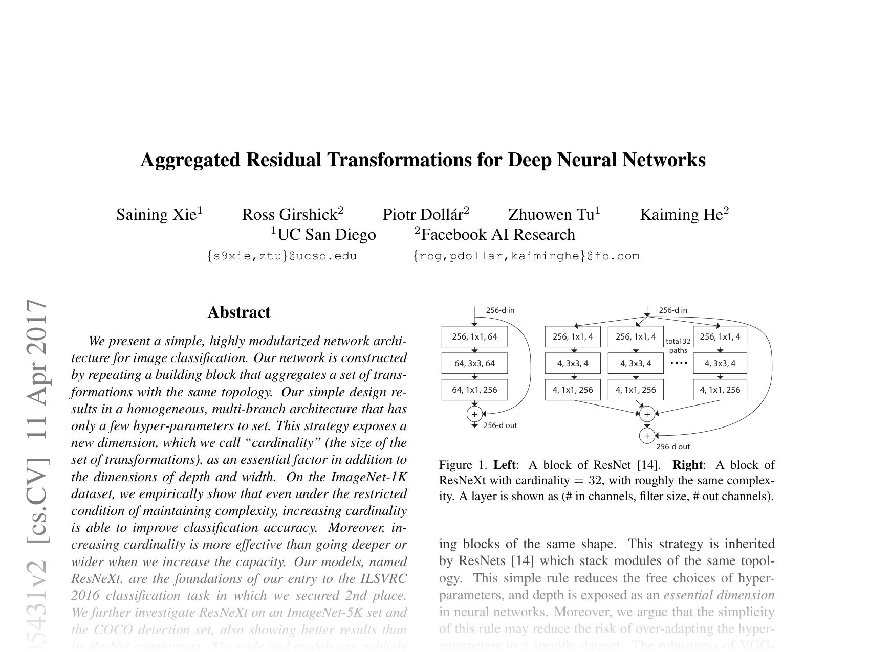 [Aggregated Residual Transformations for Deep Neural Networks 🔗](https://arxiv.org/abs/1611.05431)