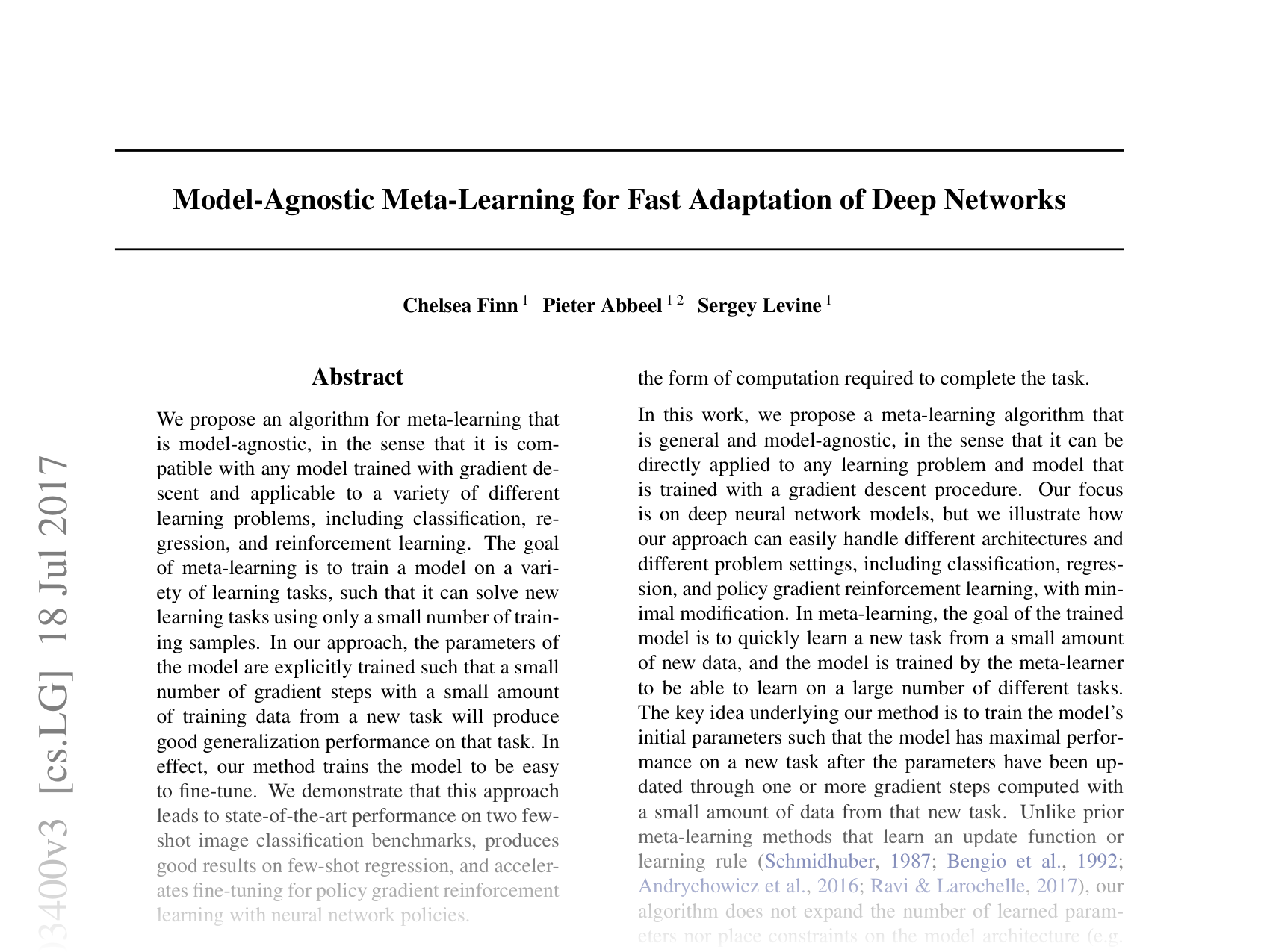 [Model-Agnostic Meta-Learning for Fast Adaptation of Deep Networks 🔗](https://arxiv.org/abs/1703.03400)