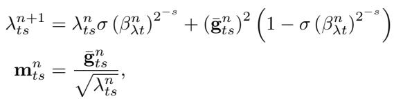 计算梯度平方的移动平均 (λ) 和缩放后的梯度 (m) 的公式,它们作为 RNN 的输入。