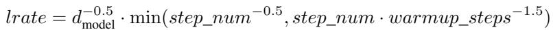 The learning rate schedule equation used for training the Transformer.