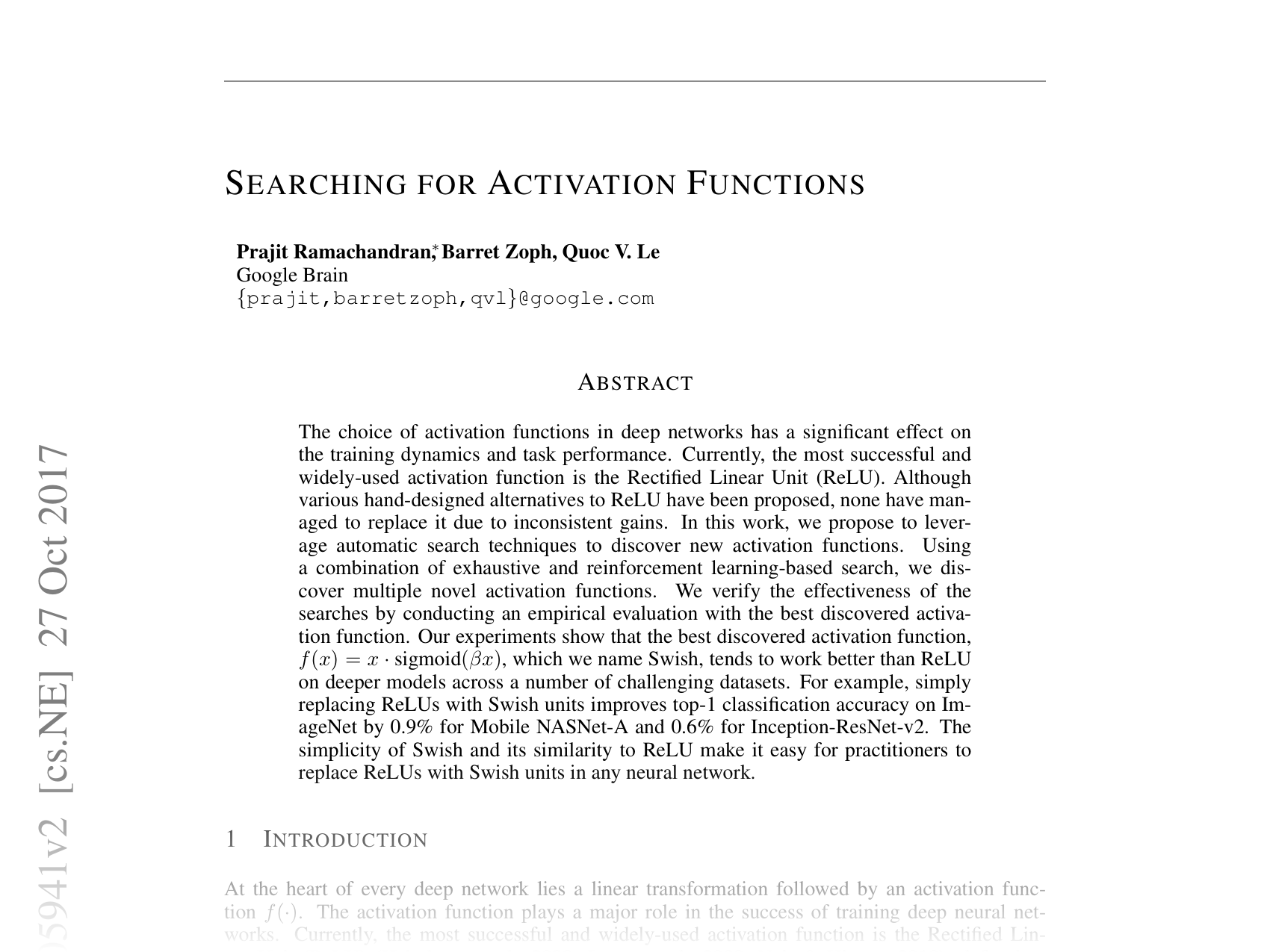[SEARCHING FOR ACTIVATION FUNCTIONS 🔗](https://arxiv.org/abs/1710.05941)