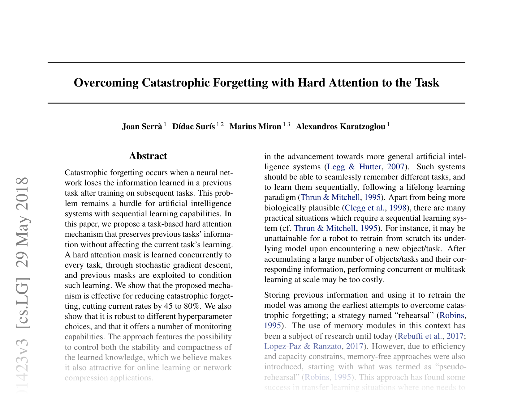 [Overcoming Catastrophic Forgetting with Hard Attention to the Task 🔗](https://arxiv.org/abs/1801.01423)
