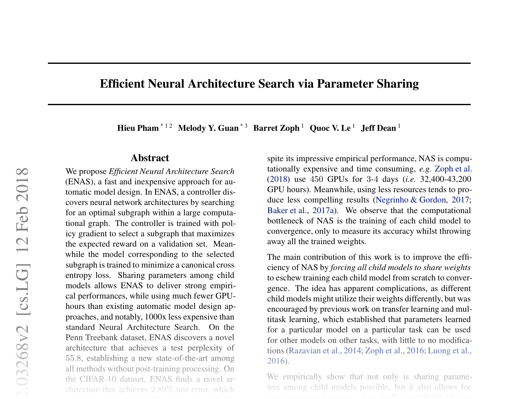[Efficient Neural Architecture Search via Parameter Sharing 🔗](https://arxiv.org/abs/1802.03268)
