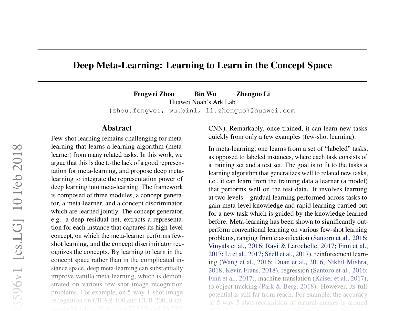 [Deep Meta-Learning: Learning to Learn in the Concept Space 🔗](https://arxiv.org/abs/1802.03596)