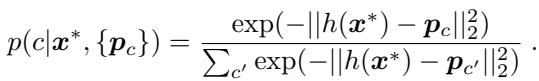 公式2: 查询样本属于类别 c 的概率由其与所有原型间的平方欧氏距离的 softmax 计算得到。