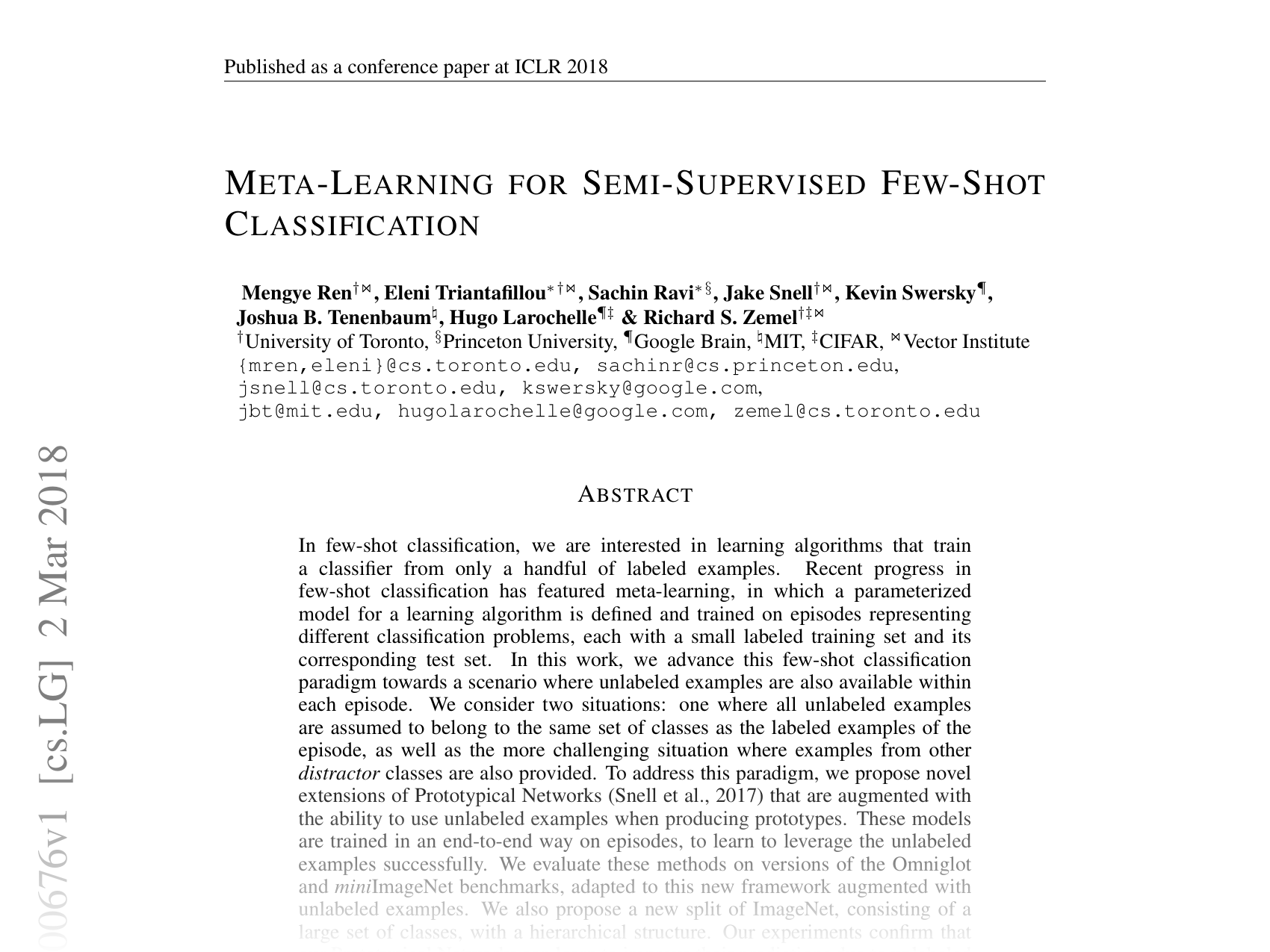 [META-LEARNING FOR SEMI-SUPERVISED FEW-SHOT CLASSIFICATION 🔗](https://arxiv.org/abs/1803.00676)