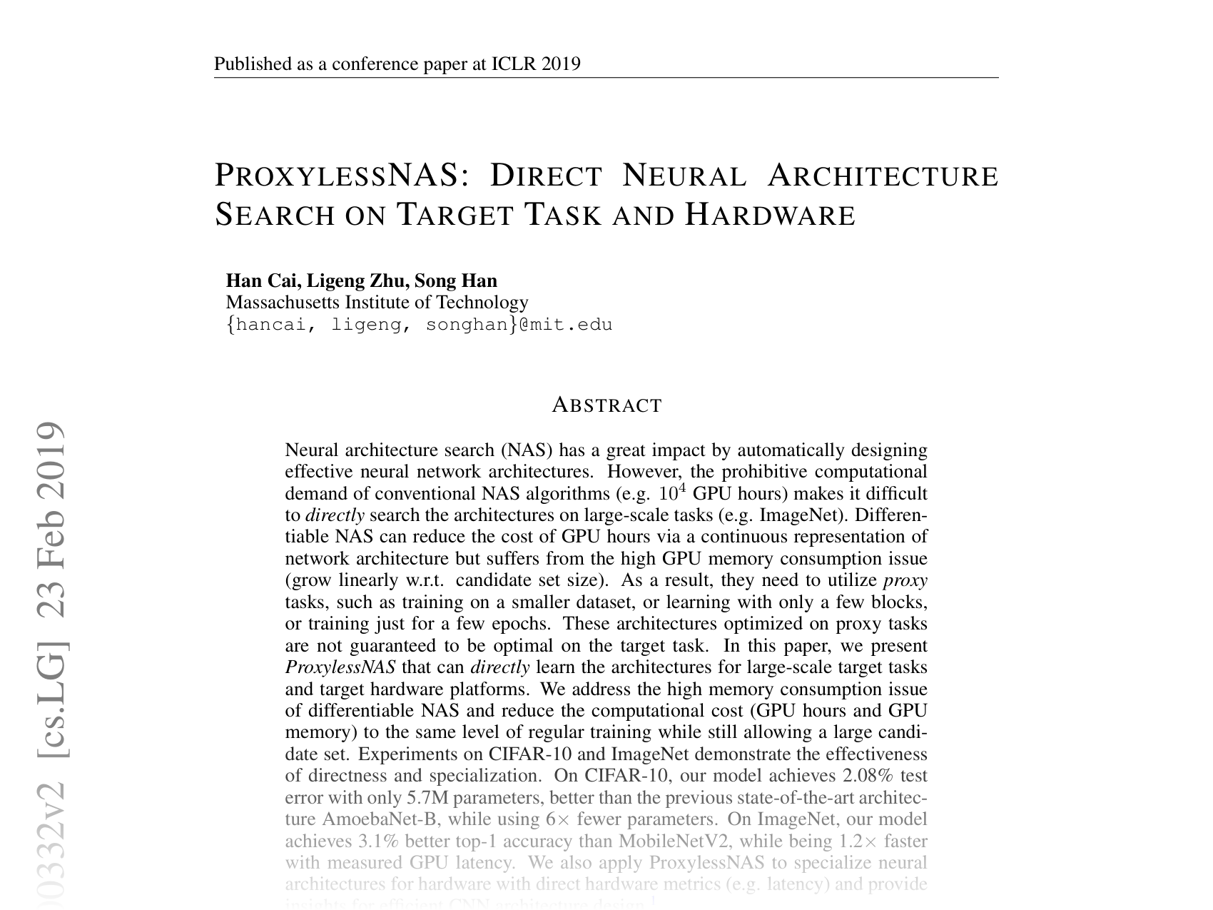 [ProxylessNAS: Direct Neural Architecture Search on Target Task and Hardware 🔗](https://arxiv.org/abs/1812.00332)