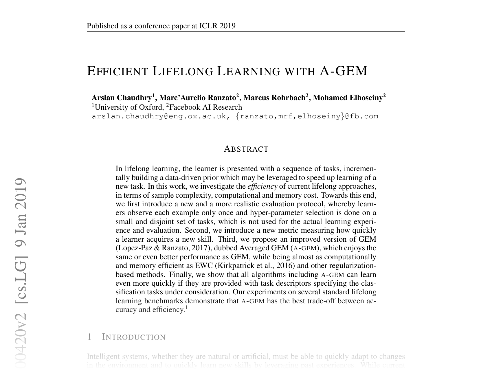 [EFFICIENT LIFELONG LEARNING WITH A-GEM 🔗](https://arxiv.org/abs/1812.00420)