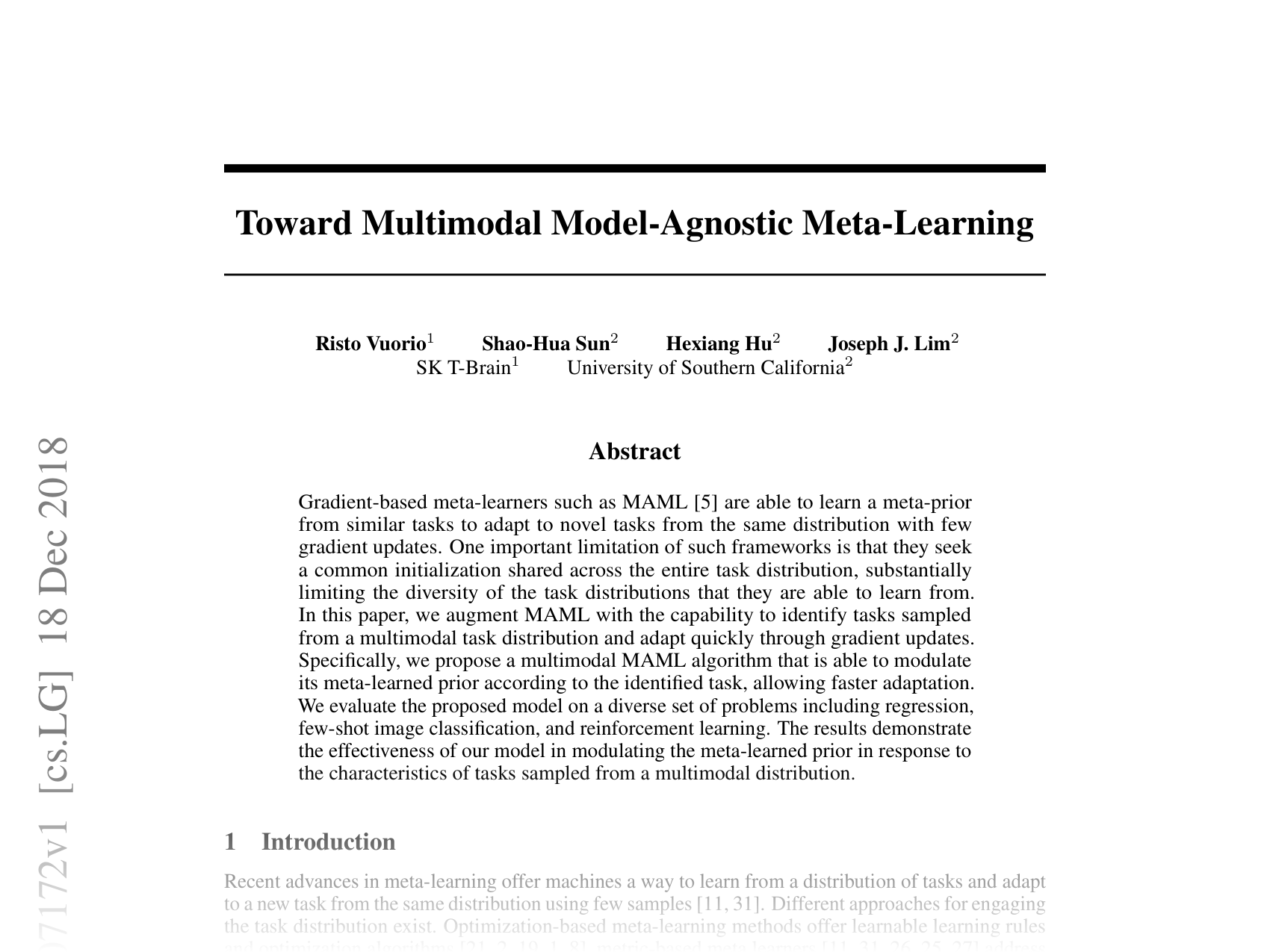 [Toward Multimodal Model-Agnostic Meta-Learning 🔗](https://arxiv.org/abs/1812.07172)