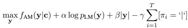 Equation for the beam search decoding maximization.